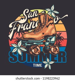 Vector image. Roller skates in retro style. Sunset, flowers, palm trees, colored background