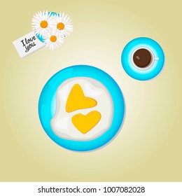Vector image of romance breakfast with coffee, omelette, bouquet of chamomiles and love note.