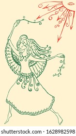 Vector image of romantic spring girl running under sunshine