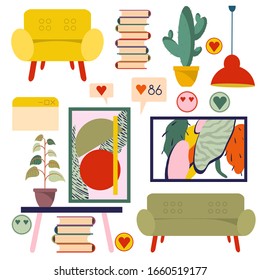 Vector image. Room interior with picture, armchair, table, cactus, sofa, books, and flower . Background.