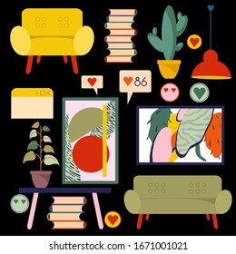 Vector image. Room interior with picture, armchair, table, cactus, sofa, books, and flower . Background.