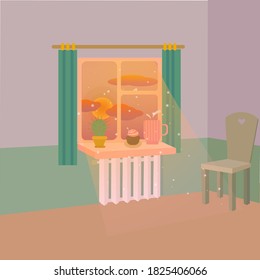 Vector image of  room with a view on a beautiful dusk. Light, coming out of window, highlights pieces of dust in the air. Cozy, heart-warming image of a morning