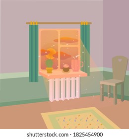 Vector image of  room with a view on a beautiful dusk. Light, coming out of window, highlights pieces of dust in the air. Cozy, heart-warming image of a morning
