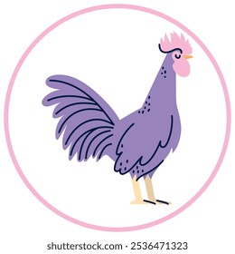Vector image of rooster icon inside a circle with pink line