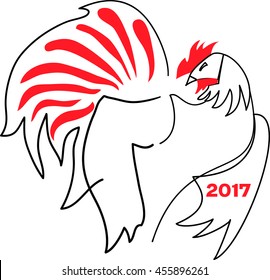 Vector image of a rooster with a red crest and tail. Symbol of oriental zodiac.