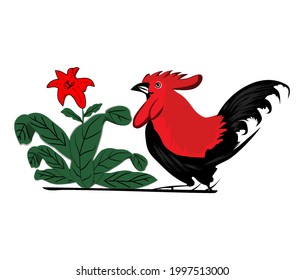 Vector image of a rooster that is often in ancient bowls in Indonesia
