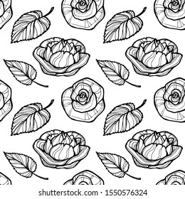 Vector image of rosebuds and their leaves on a white background. Black and white seamless background for wallpaper, textile and wrapping paper.