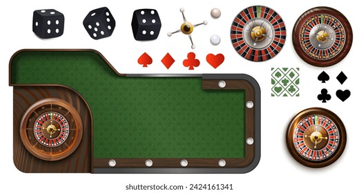 Vector image of Roulette Table: golden Wheel with double zero top view, european and american roulette table