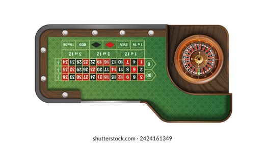 Vector image of Roulette Table: golden Wheel with double zero top view, european and american roulette table