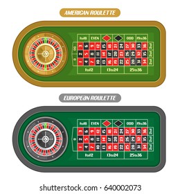 Vector image of Roulette Table: golden Wheel with double zero top view, european and american roulette table with silver wheel isolated on white background for online gambling games