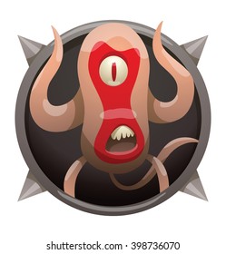 Vector image of a round black frame with spikes. Cartoon pink-red monster in the center of frame. Frame with funny monster. Cartoon monster with one eye, two arms, two legs, one tail and mouth.