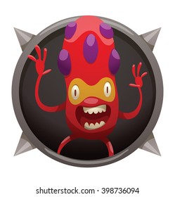 Vector image of a round black frame with spikes. Cartoon red monster with purple warts on his head in the center of frame. Frame with funny monster. Cartoon monster with two eyes, arms, legs and mouth
