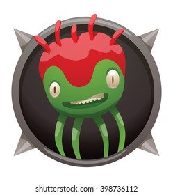 Vector image of a round black frame with spikes. Cartoon green-red monster with spikes on his head in the center of frame. Frame with funny monster. Cartoon monster with two eyes, four legs and mouth.