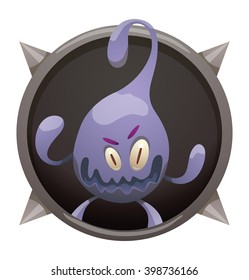 Vector image of a round black frame with spikes. Cartoon lilac monster like a drop of liquid in the center of frame. Frame with funny monster. Cartoon monster with two eyes, arms, legs and one mouth. 