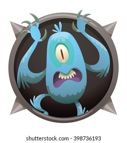 Vector image of a round black frame with spikes. Cartoon light blue monster in the center of frame. Frame with funny monster. Cartoon monster with one eye, two arms with claws, two legs and mouth.