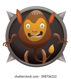 Vector image of a round black frame with spikes. Cartoon brown monster with two ears on head in the center of frame. Frame with funny monster. Cartoon monster with two eyes, arms, legs, tail and mouth