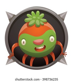 Vector image of a round black frame with spikes. Cartoon green-orange monster with forelock in the center of frame. Frame with funny monster. Cartoon monster with two eyes, arms, four legs and mouth.