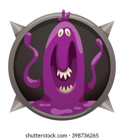 Vector image of a round black frame with spikes. Cartoon purple monster in the center of frame. Frame with funny monster. Cartoon monster with two eyes, two arms and big mouth. Vector illustration.