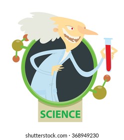 Vector image of a round black-green frame with elements of molecules, banner with words "Science" and with cartoon image of old man scientist with a glass bulb with red chemical on a white background.
