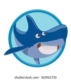 Vector image of a round blue frame with cartoon image funny pleased blue shark on a white background. Sea life. Vector illustration.