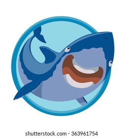 Vector image of a round blue frame with cartoon image funny laughing blue shark on a white background. Sea life. Vector illustration.