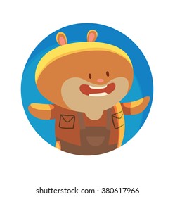 Vector image of a round blue frame with cartoon image of a cute little brown hamster in a red shirt and brown overalls standing and smiling in the center on a white background. Vector illustration.