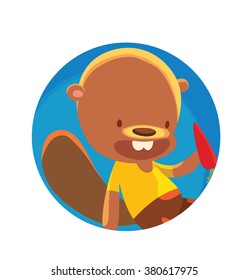 Vector image of a round blue frame with cartoon image of a cute little brown beaver in a yellow t-shirt and brown shorts with red carrot in his paw on a white background. Vector illustration.