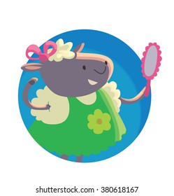 Vector image of a round blue frame with cartoon image of a cute little white-gray lamb girl in green dress with pink bow on head and pink mirror in her hoof on a white background. Vector illustration.