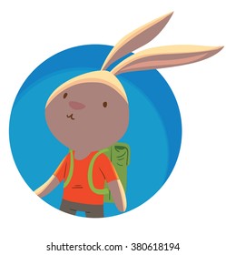 Vector image of a round blue frame with cartoon image of a cute little gray rabbit in gray shorts and red T-shirt with green school bag behind his back on a white background. Vector illustration.