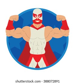 Vector image of a round blue frame with cartoon image of a wrestler in a red-white mask, white-red suit and red cloak in the center on a white background. Wrestling. Flat image. Vector illustrations.