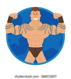 Vector image of a round blue frame with cartoon image of a wrestler with brown hair, with tattoos in black shorts in the center on a white background. Wrestling. Flat image. Vector illustrations.