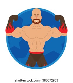 Vector image of a round blue frame with cartoon image of a bald wrestler with a beard in black and red pants and gloves in the center on a white background. Wrestling. Flat image. Vector illustrations