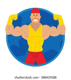 Vector image of a round blue frame with cartoon image of a wrestler in red bandana, pants and yellow t-shirt and gloves in the center on a white background. Wrestling. Flat image. Vector illustrations