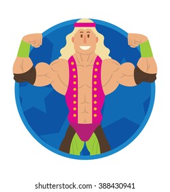 Vector image of a round blue frame with cartoon image of a wrestler with blond hair in black-green pants and pink vest in the center on a white background. Wrestling. Flat image. Vector illustrations.