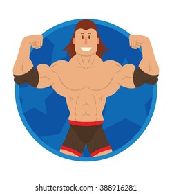 Vector image of a round blue frame with cartoon image of a wrestler with brown hair in black shorts and elbow pads in the center on a white background. Wrestling. Flat image. Vector illustrations.