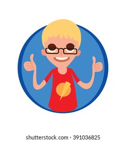 Vector image of a round blue frame with cartoon image of a funny little boy in glasses with blond hair in red t-shirt, with yellow symbol and gray shorts smiling in the center on a white background. 