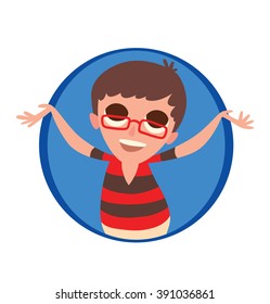 Vector image of a round blue frame with cartoon image of a funny little boy in glasses with black hair in red and black striped t-shirt rejoicing in center on a white background. Vector illustration.