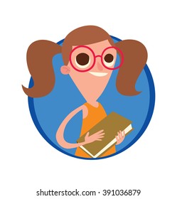 Vector image of a round blue frame with cartoon image of a funny little girl in glasses with brown hair in an orange dress with a light brown book in her hands in the center on a white background.