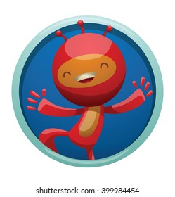 Vector image of a round blue frame. Frame with cartoon image of funny little red creature.  Funny little creature with three small antennas on his head. Cartoon funny creature jumping and smiling.