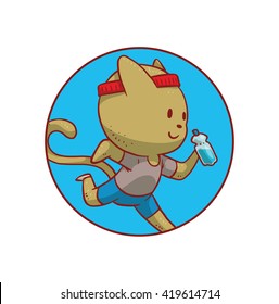 Vector image of a round blue frame with a cute gray cat in blue shorts and gray T-shirt with a bottle of water in his paw jogging in the center on a white background. Vector sport illustration.