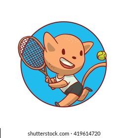 Vector image of a round blue frame with a cute orange cat in black shorts, white t-shirt with a tennis racket in his paws playing tennis in the center on a white background. Vector sport illustration.