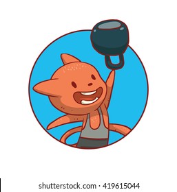 Vector image of a round blue frame with a cute orange cat in black shorts, gray t-shirt with a kettlebell in paw engaged in weightlifting in the center on a white background. Vector sport illustration