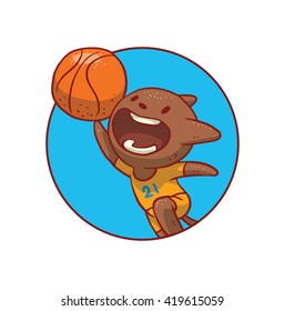 Vector image of a round blue frame with a cute brown cat in yellow shorts, t-shirt with orange basketball ball in paw playing basketball in the center on  white background. Vector sport illustration.
