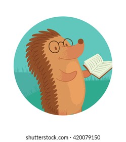 Vector image of a round blue frame with cartoon image of a cute brown hedgehog with spines, in glasses standing with a white book in his paw in the center on a white background. Funny forest hedgehog.