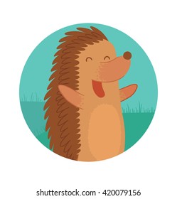 Vector image of a round blue frame with cartoon image of a cute brown hedgehog with spines, standing and laughing in the center on a white background. Funny forest hedgehog. Vector illustration.