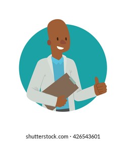 Vector image of a round blue frame with cartoon image of a bald black man doctor in white medical coat, with a clipboard in his hand, smiling in the center on a white background. Health, treatment.