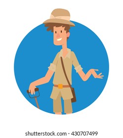 Vector image of a round blue frame with cartoon image of archaeologist young man with brown hair in beige shorts, shirt, pith helmet with a shovel in hand on white background. Excavations, archeology.