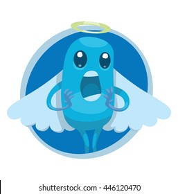 Vector image of a round blue frame with cartoon image of funny light blue angel with white wings and golden halo over his head standing and screaming in the center on a white background. Positive. 