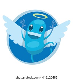 Vector image of a round blue frame with cartoon image of funny light blue angel with white wings and golden halo over his head jumping and smiling in the center on a white background. Positive. 