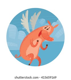 Vector image of round blue heaven frame with cartoon image of funny pink pig with white wings behind his back rejoicing that can fly on white background. Cute pig with a long nose. Hand-drawing style.